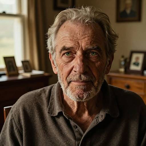 Photograph of an elderly man with gray hair and beard, wearing a dark brown polo shirt, seated indoors with soft light. Background includes framed photos and