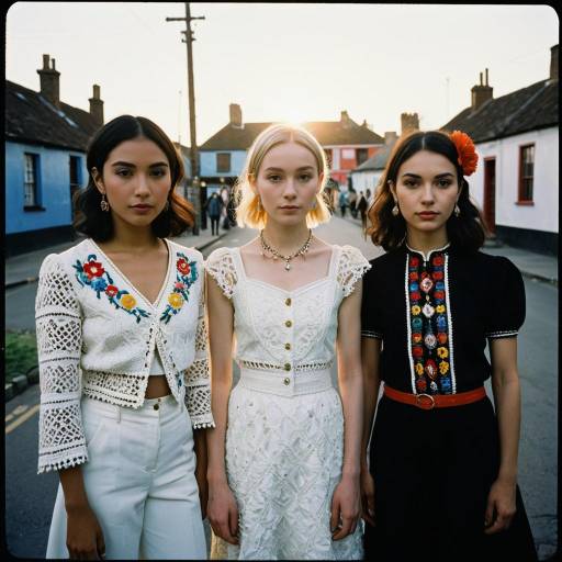 Three Women in Embroidered Fashion on Village Street