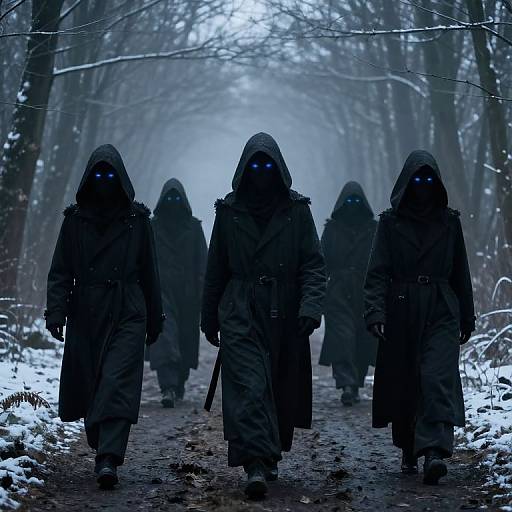 Mysterious Hooded Figures in Frosty Forest