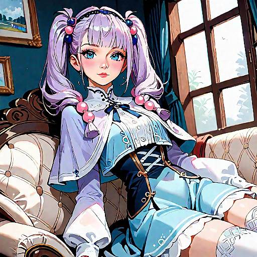 Digital anime-style illustration of a pale-skinned girl with purple pigtails, wearing a white and blue gothic lolita dress, sitting on a