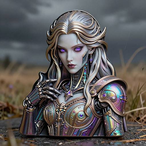 Digital art of a blue-skinned, purple-eyed, silver-haired female warrior with iridescent armor, standing in a stormy, grassy field
