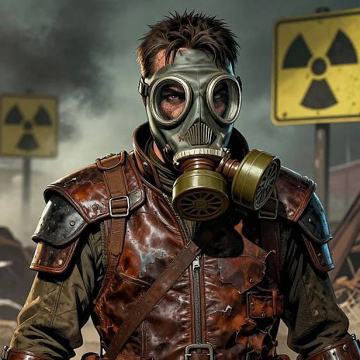 Post-apocalyptic man in gas mask with large round lenses, brown leather armor, and yellow radiation signs in smoky background. Digital art.