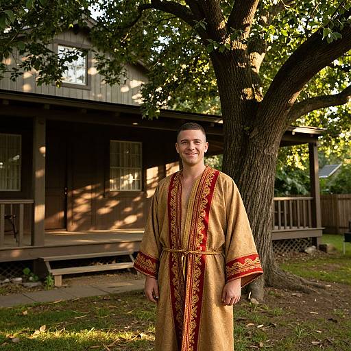 Man in Ornate Robe by Wooden House