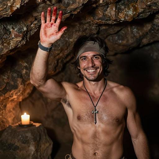 Smiling Man in Dim Cave Lighting