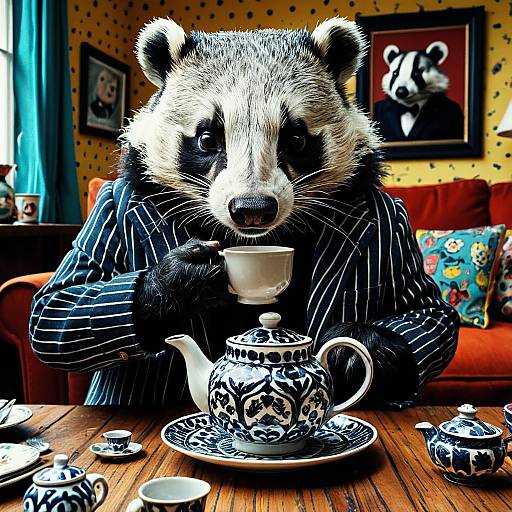 Grumpy Badger Having Tea in Chaotic Living Room