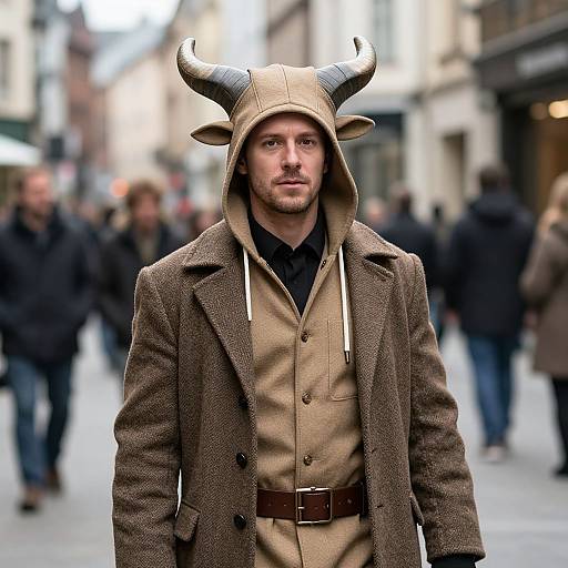 Photograph of a man in a brown hooded coat with black ram horns, standing in a blurred urban street, surrounded by pedestrians.
