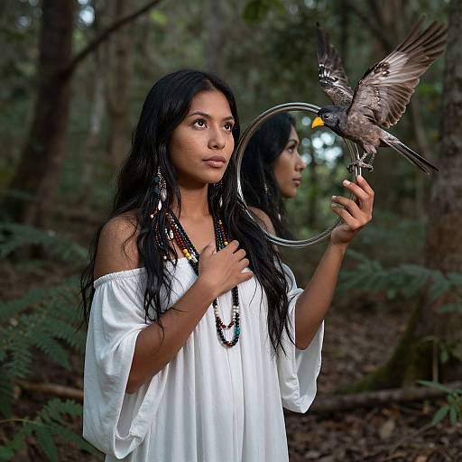 Photograph of a young woman with long black hair, wearing a white off-shoulder top, holding a hoop and a hummingbird in a forest