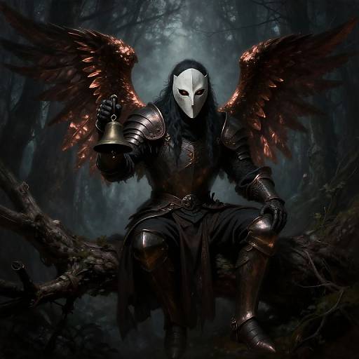 Digital art of a dark, armored figure with a white, featureless mask, red feathered wings, and glowing eyes, sitting on a tree in