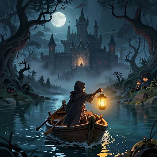 Digital illustration: Hooded figure in small wooden boat, holding glowing lantern, approaching eerie, moonlit, castle-illuminated, misty river