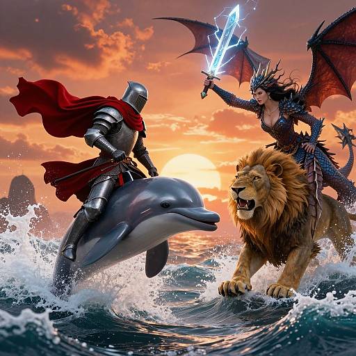Dynamic digital artwork: armored knight on dolphin, wielding sword, battles winged demon with electric sword, alongside roaring lion, against vibrant sunset sky.