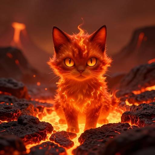 Digital artwork of a fiery, orange-eyed, fluffy cat standing amidst glowing lava rocks and volcanic landscape, with a blazing background.