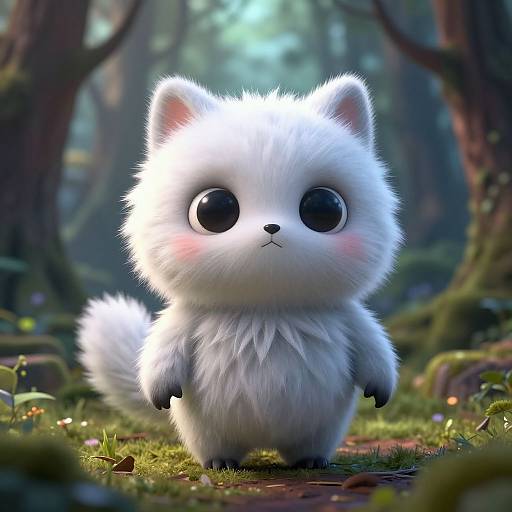 CGI digital artwork of an adorable, fluffy white kitten with large black eyes and pink blush, standing in a mystical forest.