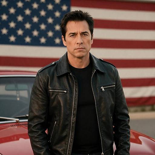 Serious Man in Leather Jacket with Car