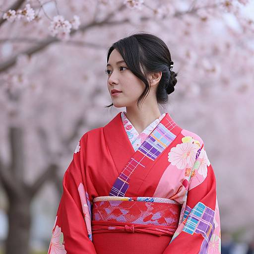 Woman in Vibrant Kimono by Cherry Blossoms