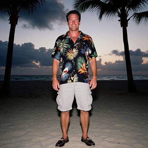 Smiling man in floral shirt, white shorts, and sandals stands on beach at dusk, palm trees and ocean in background. Photograph.