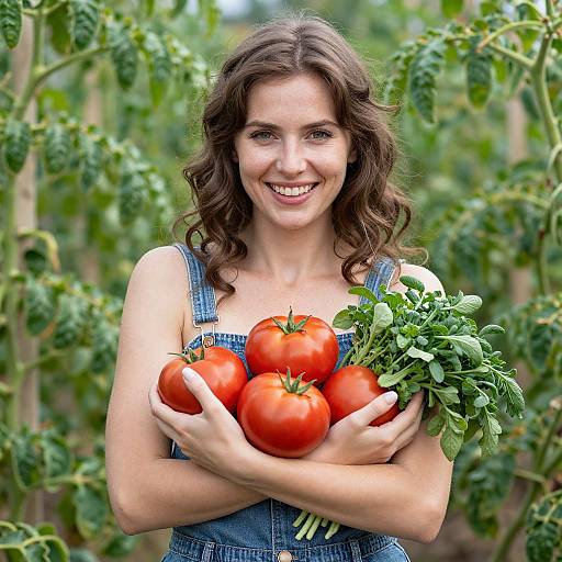 Smiling brunette woman with curly hair holds ripe tomatoes and fresh basil in a lush tomato field. Blue denim overalls. Photorealistic image.