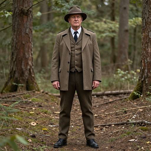 Photograph of an elderly man in a brown three-piece suit, black tie, and hat, standing in a forest with tall trees and moss-covered ground