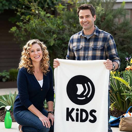 Photograph of a smiling man and woman with curly blonde hair holding a 