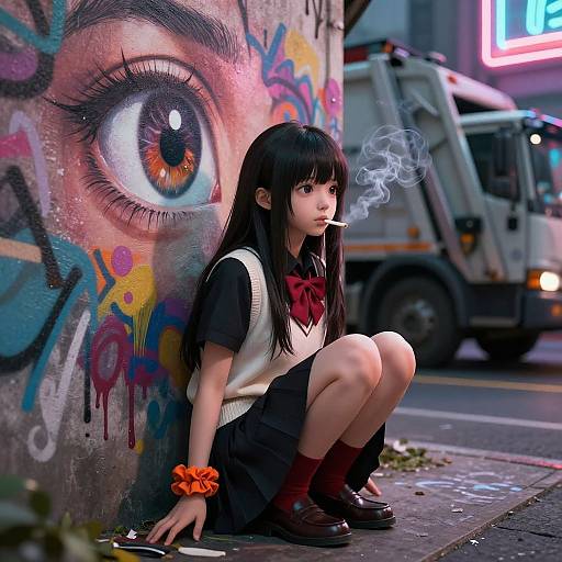 Digital artwork of an Asian schoolgirl with black hair, smoking, squatting against graffiti-covered wall, large eye mural, urban street, trash on ground