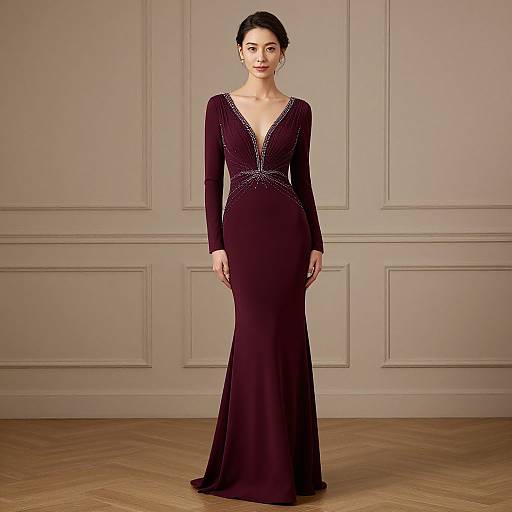 Photograph of a slender woman with fair skin and dark hair in a bun, wearing a deep burgundy, long-sleeve, V-neck evening