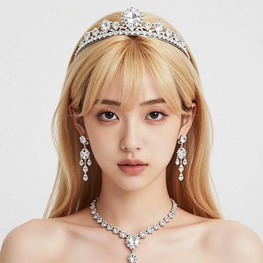 Photograph of a young blonde woman with fair skin, wearing a diamond tiara, earrings, and necklace, looking directly at the camera.