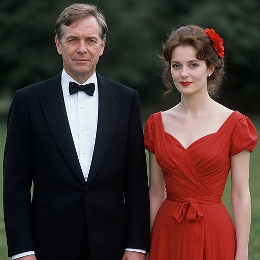 Photograph of an older white man in a black tuxedo and a young white woman in a red dress with a red flower, standing outdoors against