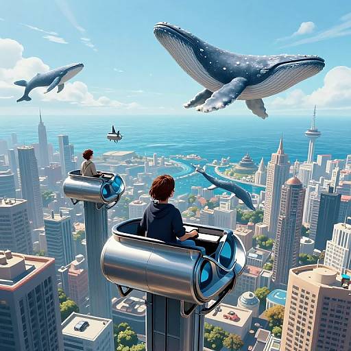 Digital illustration: Two people in futuristic, cylindrical observation pods overlooking a whale-filled cityscape with skyscrapers and a blue ocean.