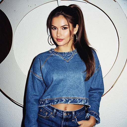 Young Woman in Denim Outfit with Hoop Earrings