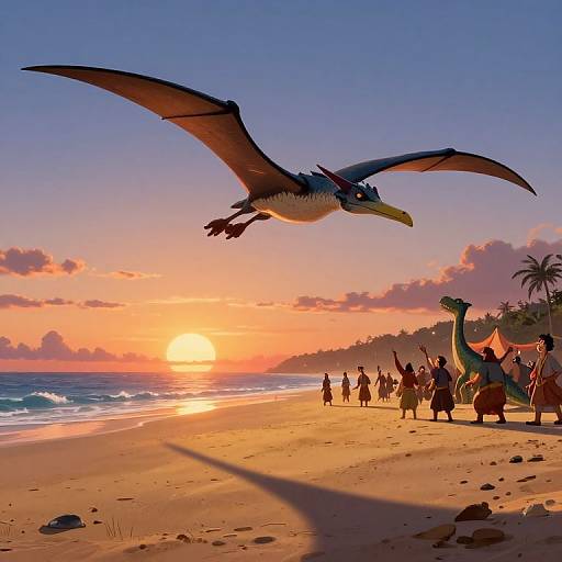 Digital art: A dragon with outstretched wings soars over a golden sunset beach, silhouetted against colorful clouds. Humans and another dragon