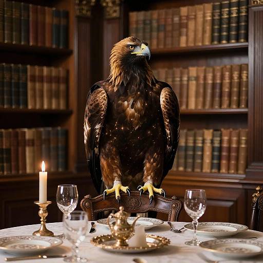 Majestic Eagle Dining in Elegant Library