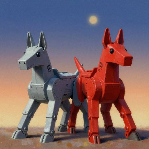 Photograph of two robotic dogs; one metallic silver, one red, standing side-by-side against a sunset sky with a small moon.