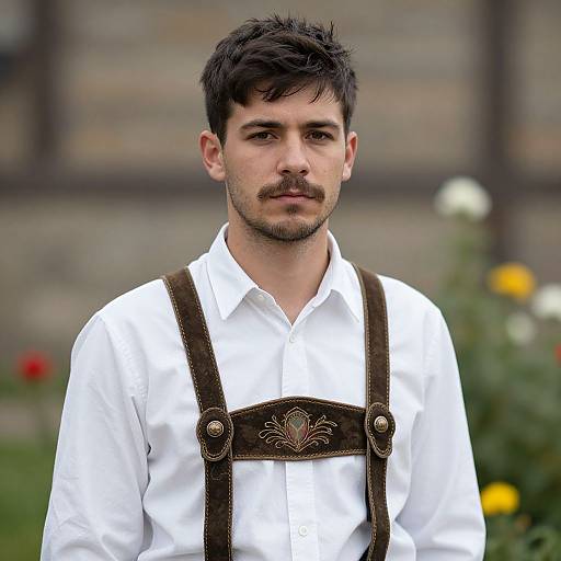 Photograph of a young man with short black hair and mustache, wearing a white shirt and brown leather Bavarian-style vest, standing in a blurred