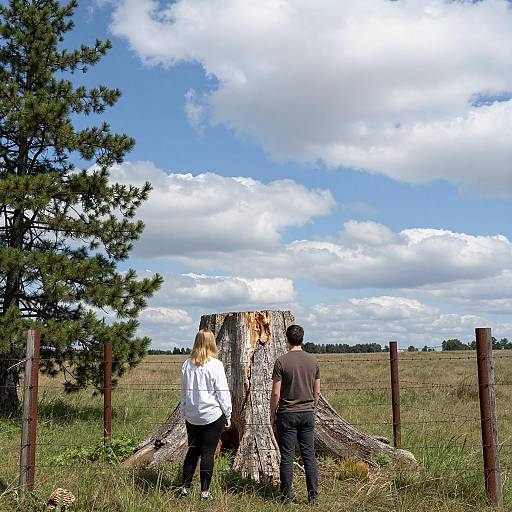Two People Standing by Large Tree Stump in Field