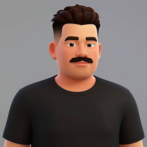 3D cartoon of a chubby man with dark brown hair, thick black mustache, and black shirt, looking to the side.
