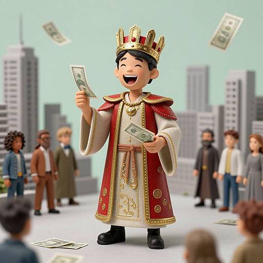 Cartoon king in red and gold regalia, holding money, smiling, crowned, cityscape background, money flying, diverse crowd in foreground.