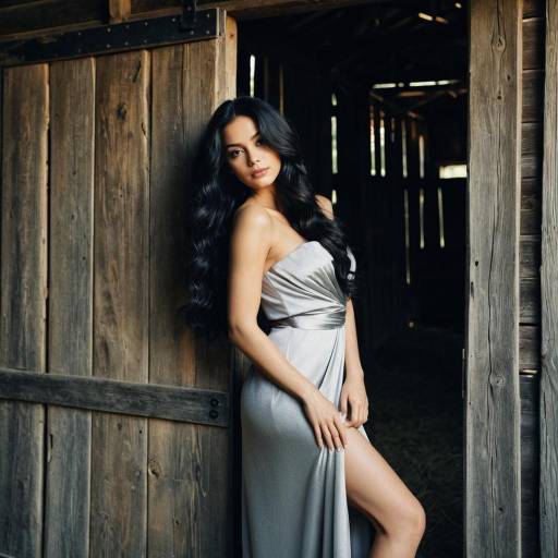 Elegant Woman in Silver Gown by Barn Door
