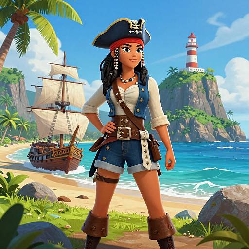 Digital illustration of a confident, brown-skinned pirate woman with blue eyes, wearing a tricorn hat, white shirt, blue vest, shorts, and