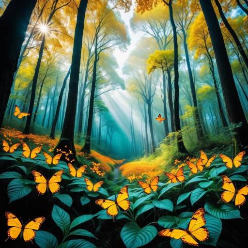 Vibrant Dreamy Forest Canopy with Butterflies