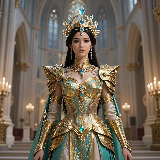 Digital artwork of an Asian queen in ornate gold and teal armor with a crystal crown, standing in a grand cathedral.