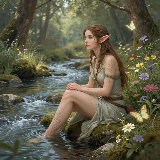 Digital fantasy painting of a fair-skinned, brown-haired elven woman with pointed ears, tattooed arms, and green dress, sitting by a flowing