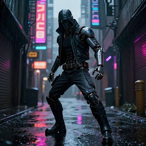 Cyborg warrior in dark, rain-soaked alley, neon city lights glowing, futuristic armor, hooded figure, intense stance, cyberpunk scene,