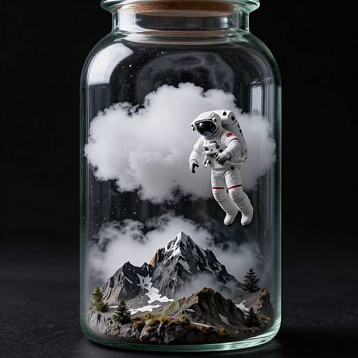 Photorealistic digital art: Astronaut in space suit floating inside a glass jar with clouds, snow-capped mountains, and pine trees. Dark background
