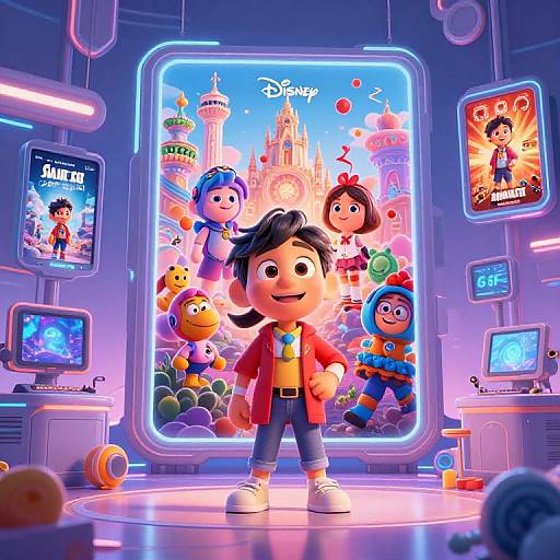 Digital CGI image of a cute, smiling boy in a red jacket, standing in a neon-lit room with Disney-themed posters and toys.