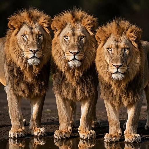 Three Majestic Lions by Reflective Water
