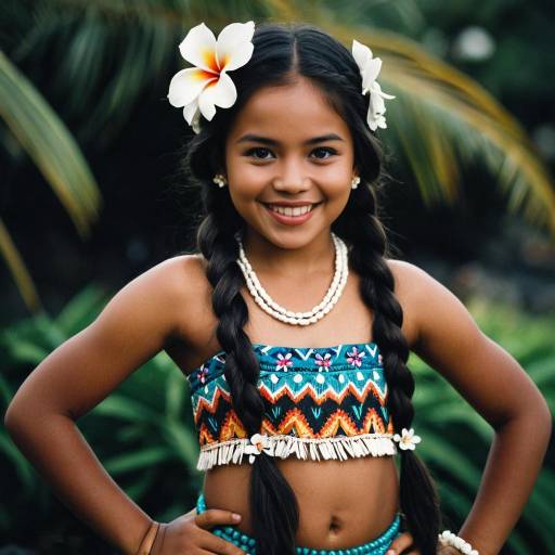 Smiling Girl in Pua Moana Costume with Floral Hair Accessories
