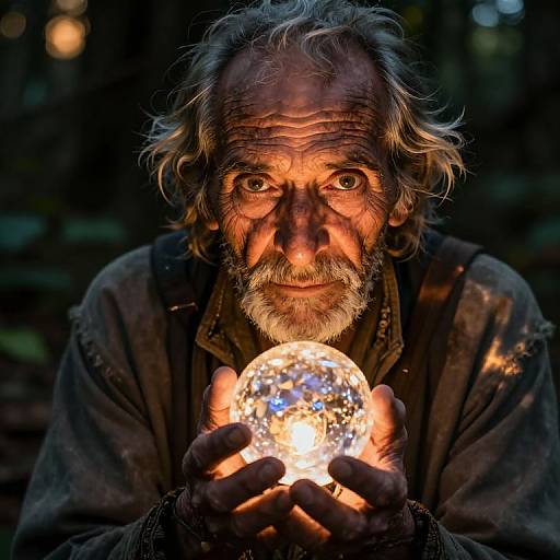 Photograph of an elderly man with wavy gray hair and beard, intensely gazing at a glowing, crystal-like orb in a dark forest. Warm
