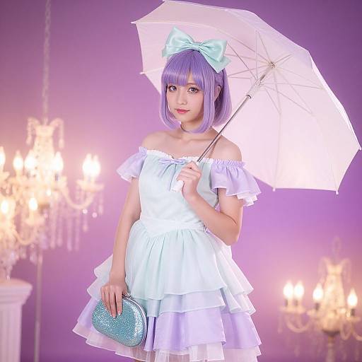 Digital anime-style image of a cute young woman with purple hair, wearing a white off-shoulder dress, holding a white umbrella, and a blue