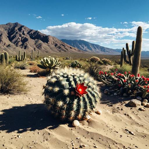 Desert Cacti with Red Flower and Mountain Background