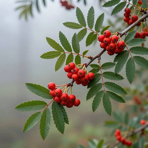 Close-up photograph of a branch with vibrant red berries and green leaves, softly blurred background of misty forest.
