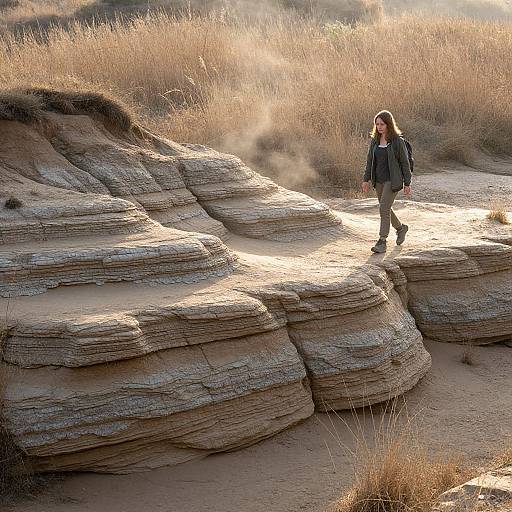 Photograph of a woman with long brown hair, wearing a dark jacket and gray pants, walking on sunlit, layered sandstone cliffs with dry,